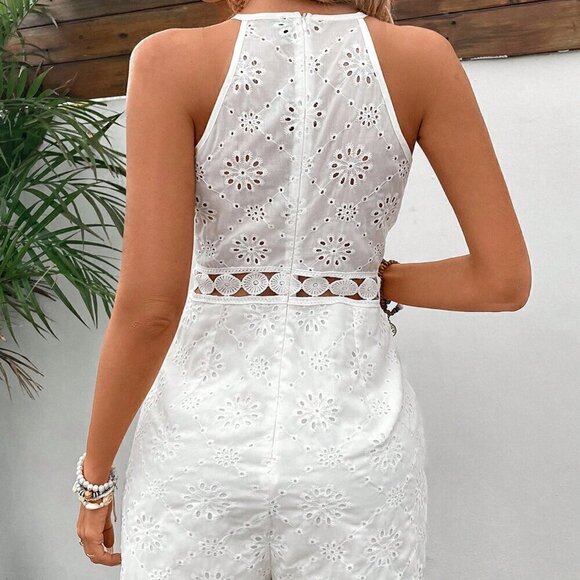 White Boho Women's Hollow Out Embroidered Waist Cinched Sleeveless Jumpsuit - Picture 2 of 6